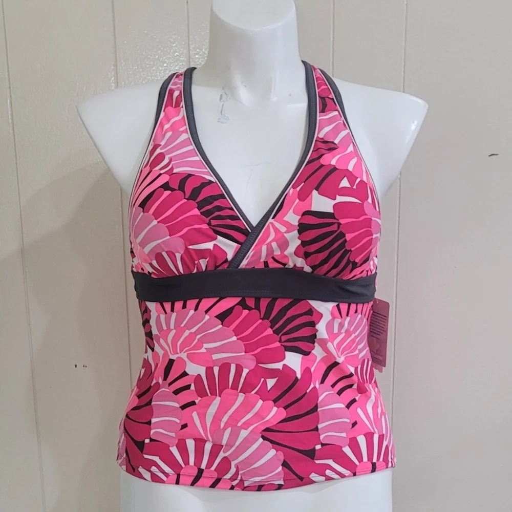New Free Country XL Pink Tropical Leaf Print Tankini/ Yoga Top Sz 16 - Picture 7 of 9